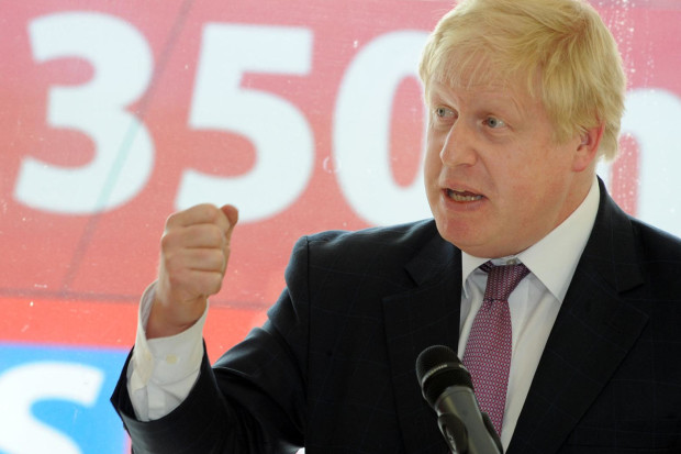 Boris Johnson while visiting an Alfreton textiles factory on the Vote Leave campaign trail