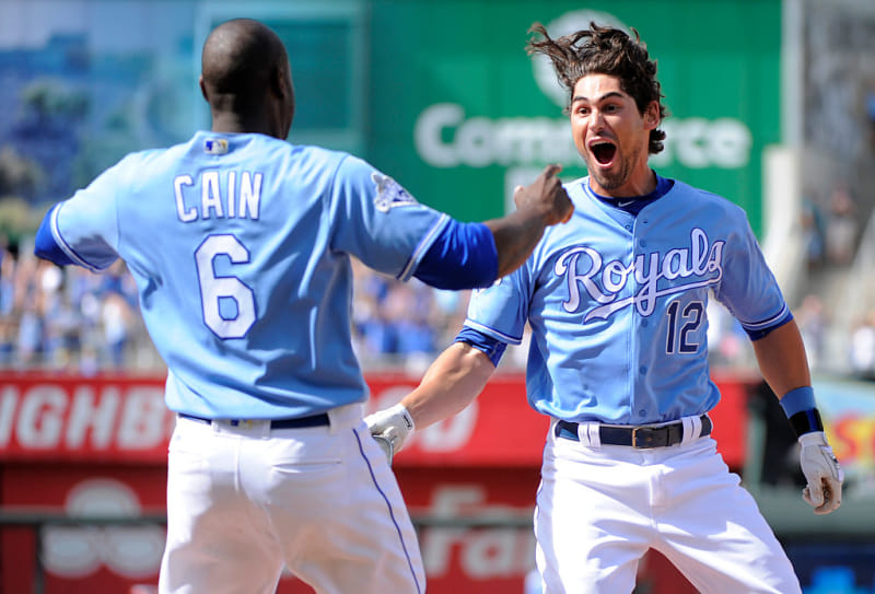 Brett Eibner celebrates the Royals’ are-you-fucking-kidding-me comeback with Lorenzo Cain. Via Getty