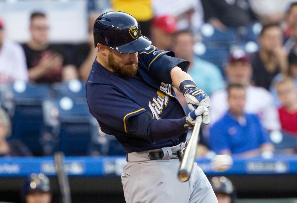 Brewers catcher Jonathan Lucroy hits a single during the second inning at Citizens Bank Park