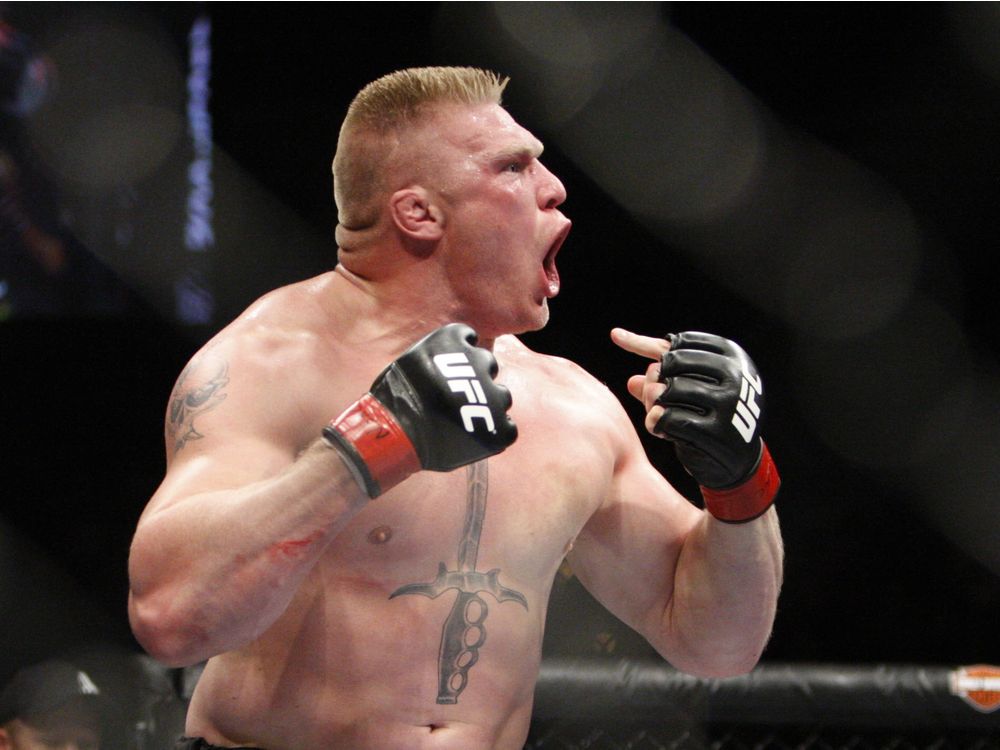 Brock Lesnar celebrates after defeating Frank Mir in their heavyweight title bout at UFC 100 at Mandalay Bay in Las Vegas Saturday