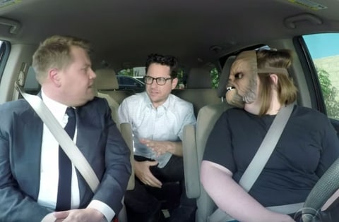 CBS     Chewbacca Mom and JJ Abrams take James Corden to work