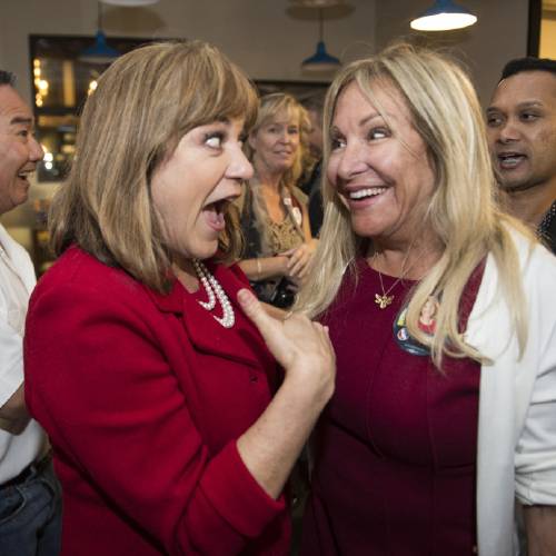 Loretta Sanchez greets her supporters at Anaheim Brewery as election results come in in Anaheim Calif. on Tuesday