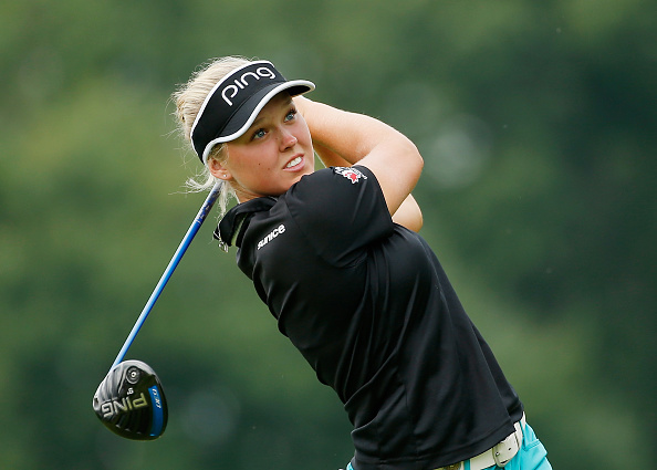 LANCASTER PA- JULY 12 Brooke Henderson Canada watches her tee shot on the 14th hole during the final round of the U.S. Women's Open at Lancaster Country Club