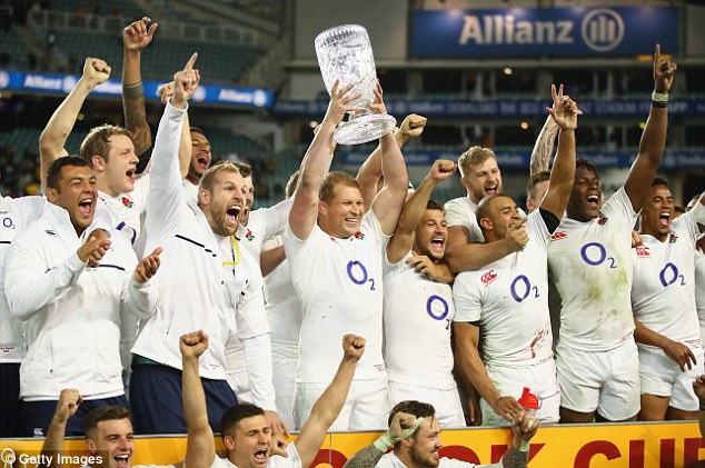 Captain Dylan Hartey lifts the Cook Cup after England recorded a series victory over Australia in Sydney