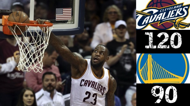 Cavs on fire Le Bron James dunks during Game 3