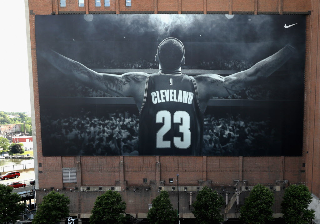 CLEVELAND OH- JUNE 10 A general view of the Nike 'Welcome Home Le Bron Banner&#039 on the exterior of the Sherwin Williams Co. Global Headquarters near Quicken Loans Arena prior to Game 4 of the 2016 NBA Finals between the Cleveland Cavaliers and