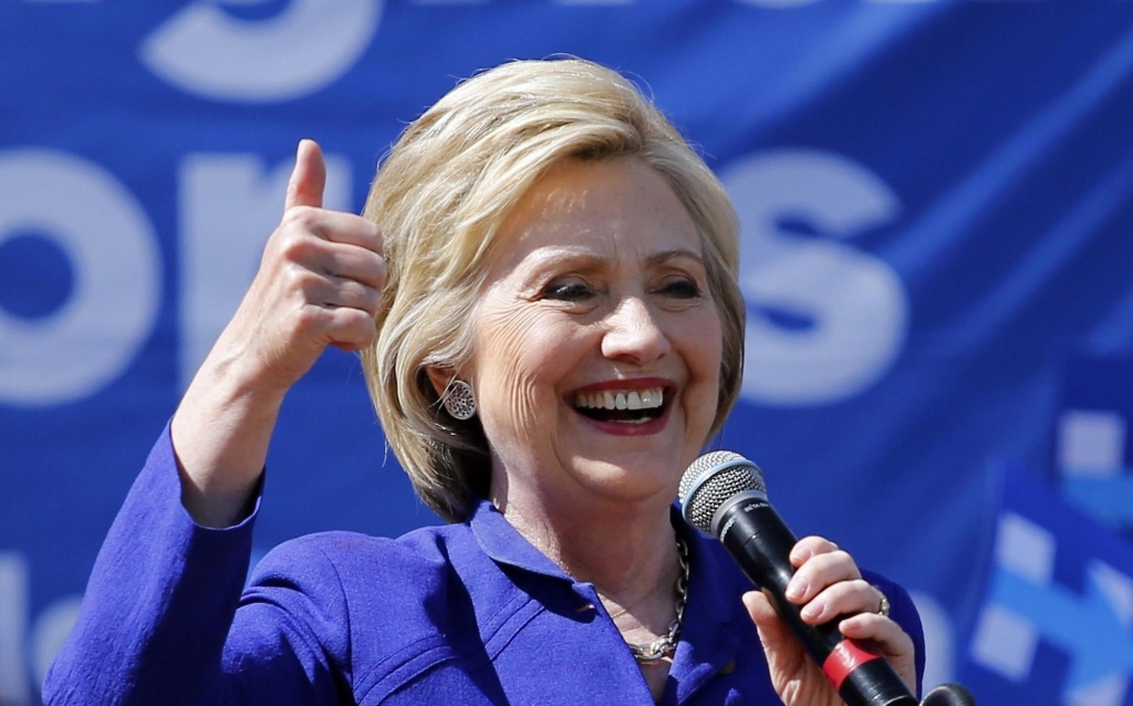 U.S. Democratic Presidential candidate and former Secretary of State Hillary Clinton speaks to supporters during a campaign rally in Los Angeles on Monday