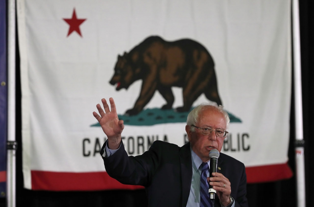 Democratic presidential candidate U.S. Sen. Bernie Sanders speaks during a panel with Asian Americans and Pacific Islanders at Cubberley Community Center