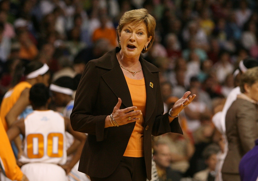 Head coach Pat Summitt of the Tennessee Lady Volunteers reacts in the first half against the LSU Lady Tigers during their National Semifinal Game of the 2008 NCAA Women's Final Four at St. Pete Times Forum