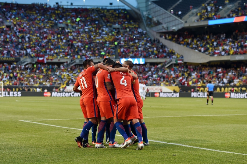 CHICAGO IL- JUNE 22 Members of the Chilean team celebrate a goal in the first half during a 2016 Copa America Centenario Semifinal match against Colombia at Soldier Field