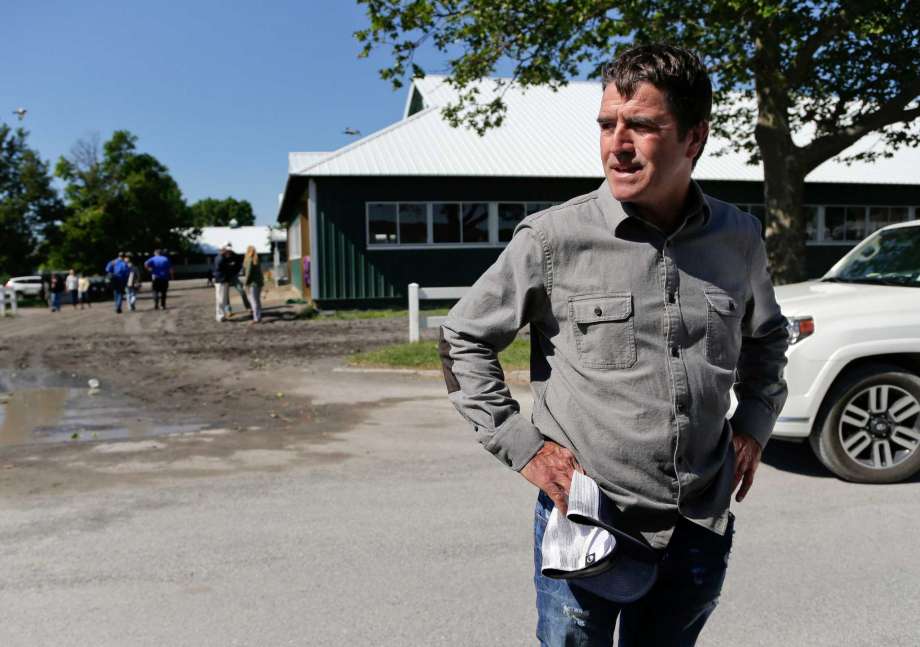 Keith Desormeaux trainer for Belmont Stakes hopeful and Preakness Stakes winner Exaggerator pauses while answering questions for the media at Belmont Park Thursday