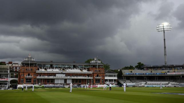 Rain clouds fill the sky in the afternoon of the fifth day of the third test cricket match between England and Sri Lanka at Lord`s cricket ground in London on 13 June