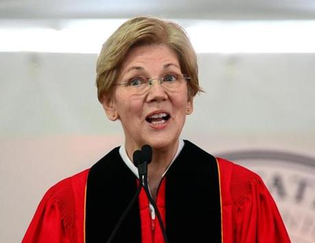 Bridgewater 05/14/2016: During the Bridgewater State University 175th Commencement Convocation U.S. Senator Elizabeth Warren addresses the crowd during her Commencement address