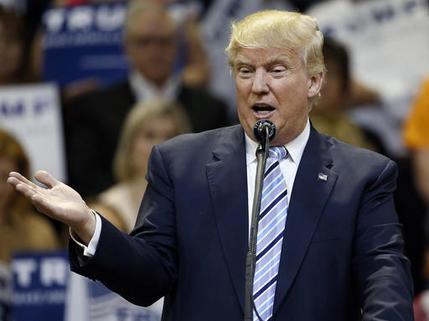 Republican presidential candidate Donald Trump speaks to supporters during a campaign rally at the Rimrock Auto Arena in Billings Mont. Thursday