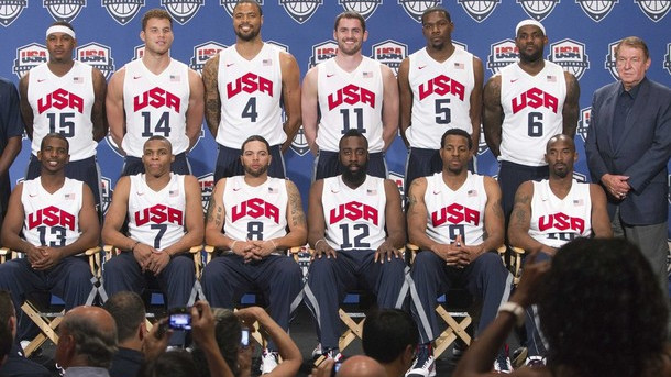 U.S. basketball Chairman Jerry Colangelo and the 12 players selected for the 2012 U.S. Olympic men's basketball team pose during a news conference at the Wynn Las Vegas Resort in Las Vegas Nevada in