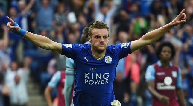 LEICESTER ENGLAND- SEPTEMBER 13 Jamie Vardy of Leicester City celebrates as he scores their second and equalising goal during the Barclays Premier League match between Leicester City and Aston Villa at the King Power Stadium