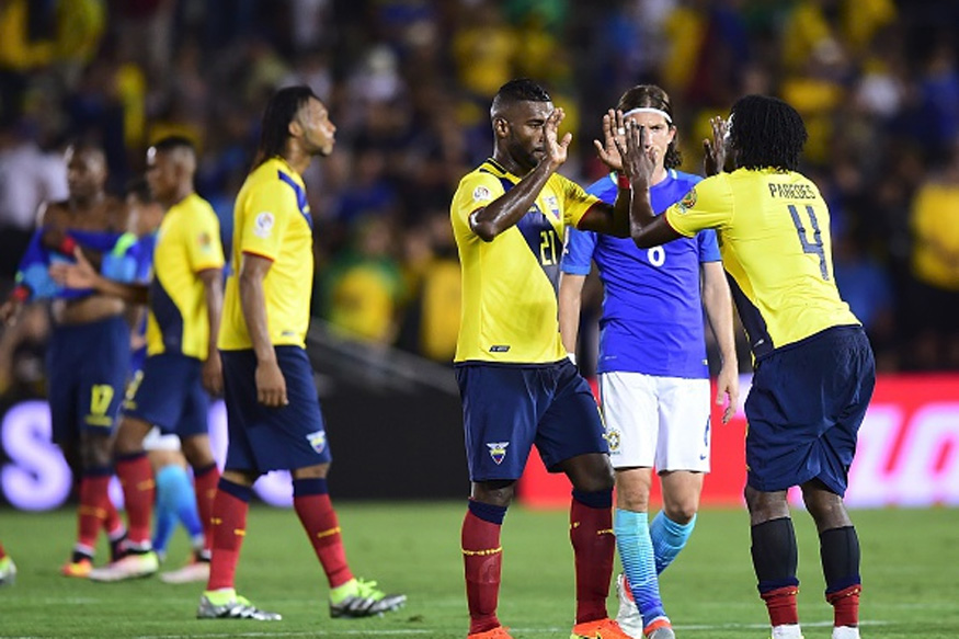 Ecuador's Gabriel Achilier and Juan Paredes celebrate at the end of their the Copa America Centenario football match against Brazil