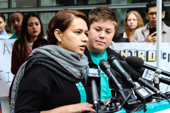 Ela Tinoco speaks at a press conference in Seattle. Tinoco would have qualified for the DAPA program