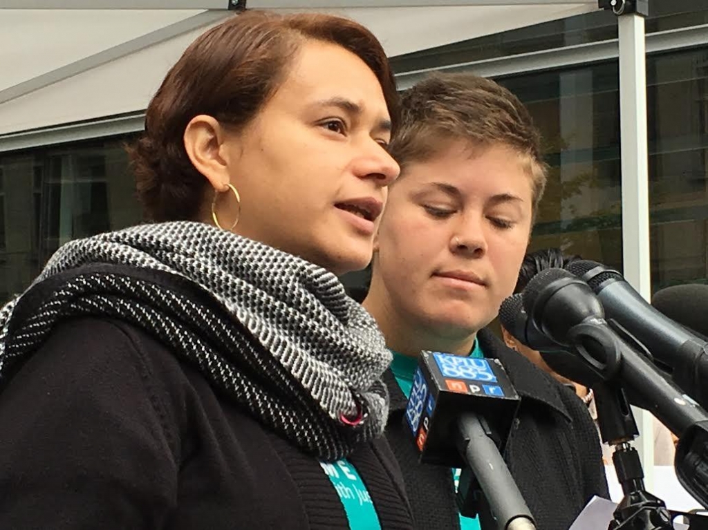 Ela Tinoco speaks at news conference at federal courthouse in Seattle on Thursday June 23