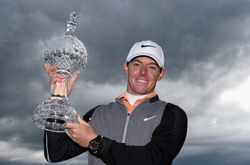 STRAFFAN IRELAND- MAY 22 Rory Mc Ilroy of Northern Ireland with the winners trophy the final round of The Dubai Duty Free Irish Open hosted by the Rory Foundation at the K Club