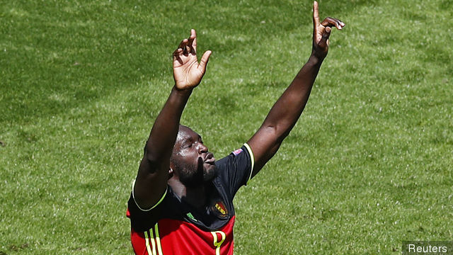 Belgium's Romelu Lukaku celebrates scoring their third goal