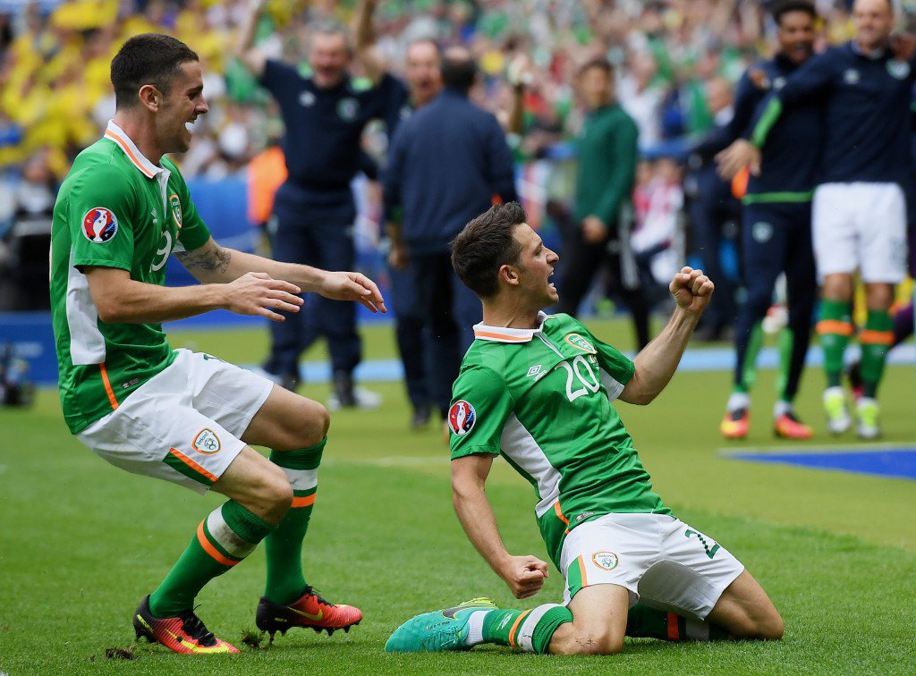 PARIS FRANCE- JUNE 13 Wes Hoolahan of Republic of Ireland celebrates scoring his team's first goal during the UEFA EURO 2016 Group E match between Republic of Ireland and Sweden at Stade de France