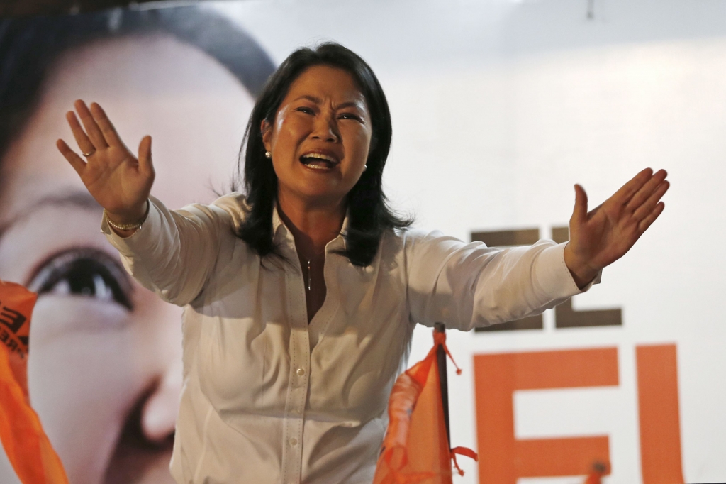 APTOPIX Peru Presidential Election-2 Keiko Fujimori presidential candidate and daughter of imprisoned ex President Alberto Fujimori greets supporters in Lima on Sunday