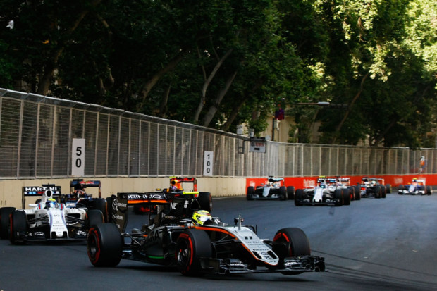 Sergio Perez heads towards a podium position in his Force India car