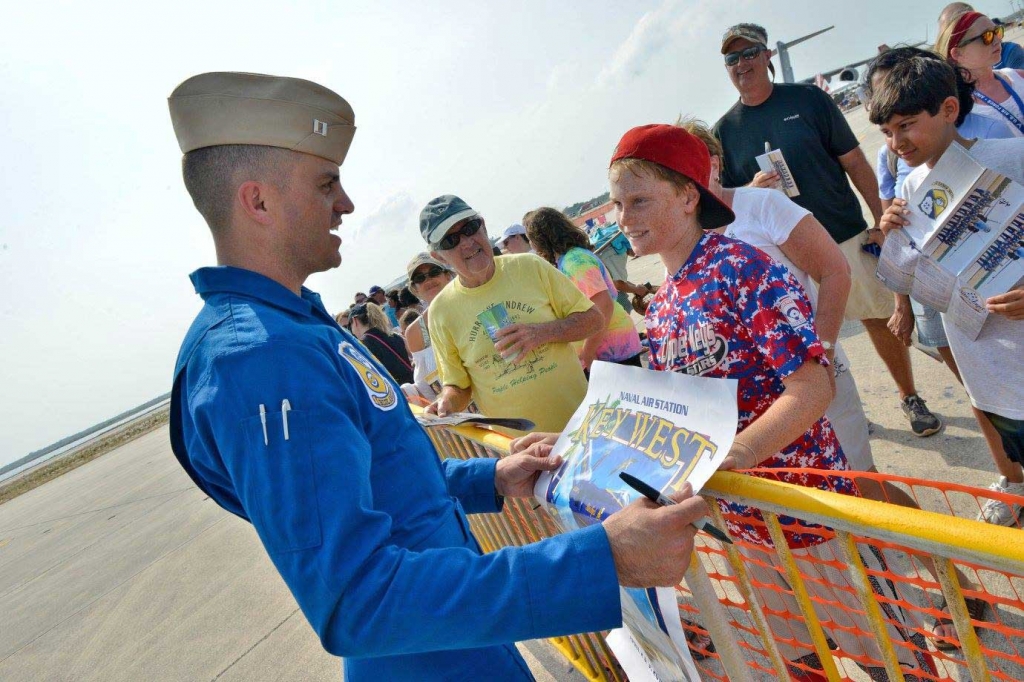 Blue Angels pilot U.S. Marine Capt. Jeff Kuss visits with fans after an airshow performance in Key West Fla. in April. Kuss was killed in an aircraft accident on Thursday