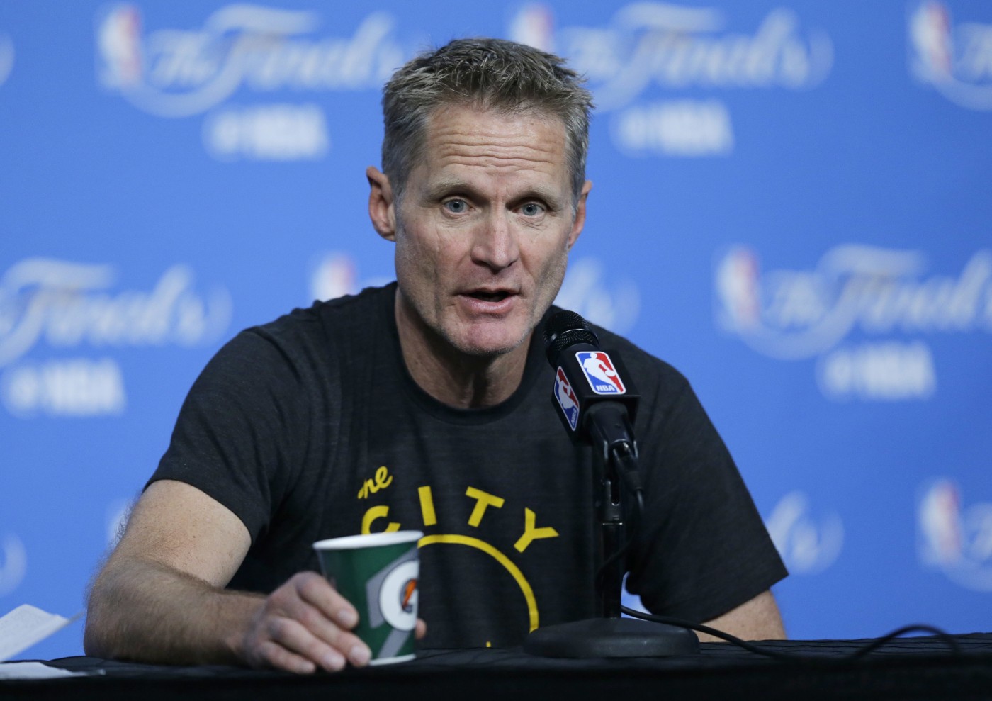 Golden State Warriors head coach Steve Kerr answers questions before practice for Game 6 of the NBA basketball Finals Wednesday