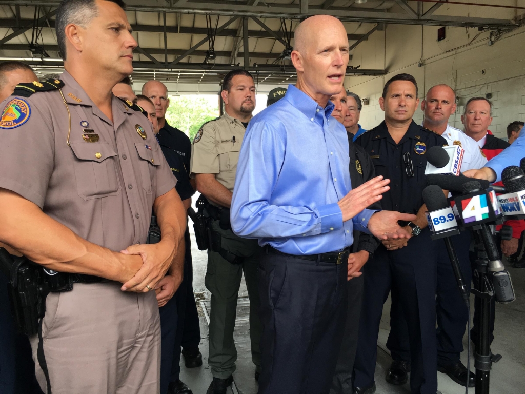 Florida Governor Rick Scott thanks Jacksonville first-responders Tuesday for being prepared for Tropical Storm Colin