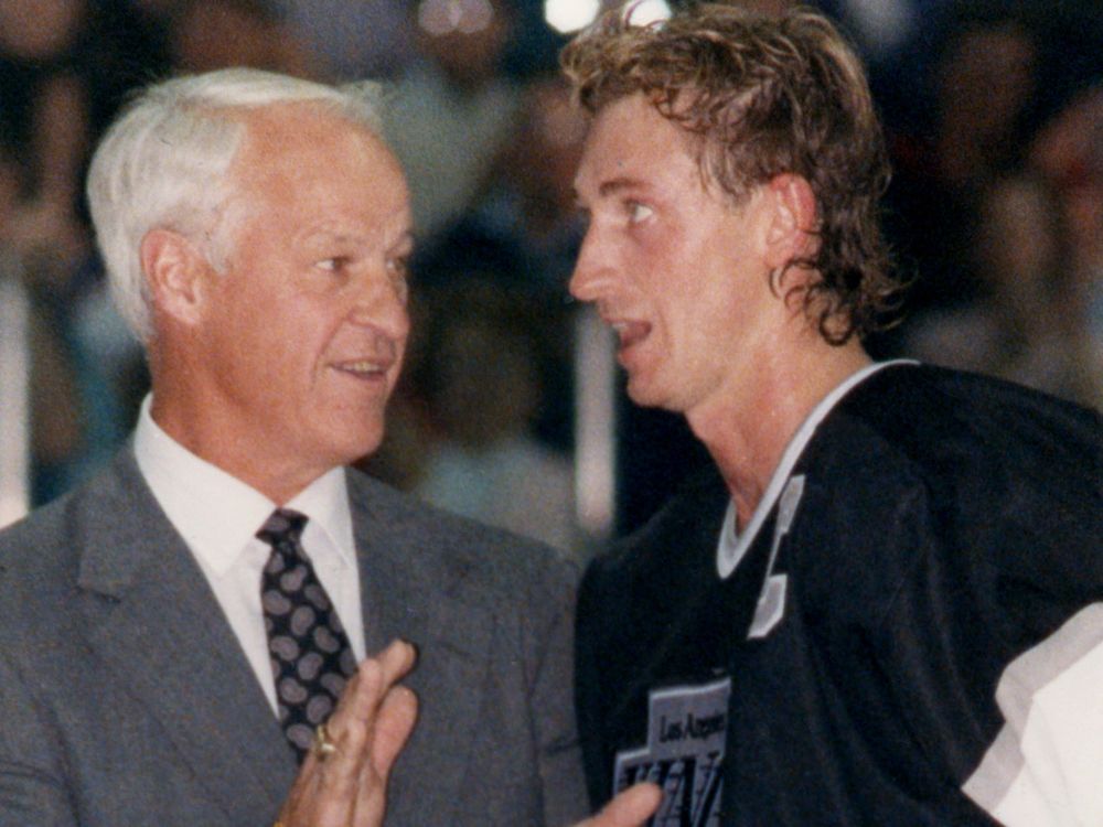 Wayne Gretzky with his longtime hero former hockey great Gordie Howe in 1989 just after Gretzky was traded to the Los Angeles Kings. Edmonton Journal files- Wayne Gretzky. Edmonton Oilers. for 25th anniversary trade project