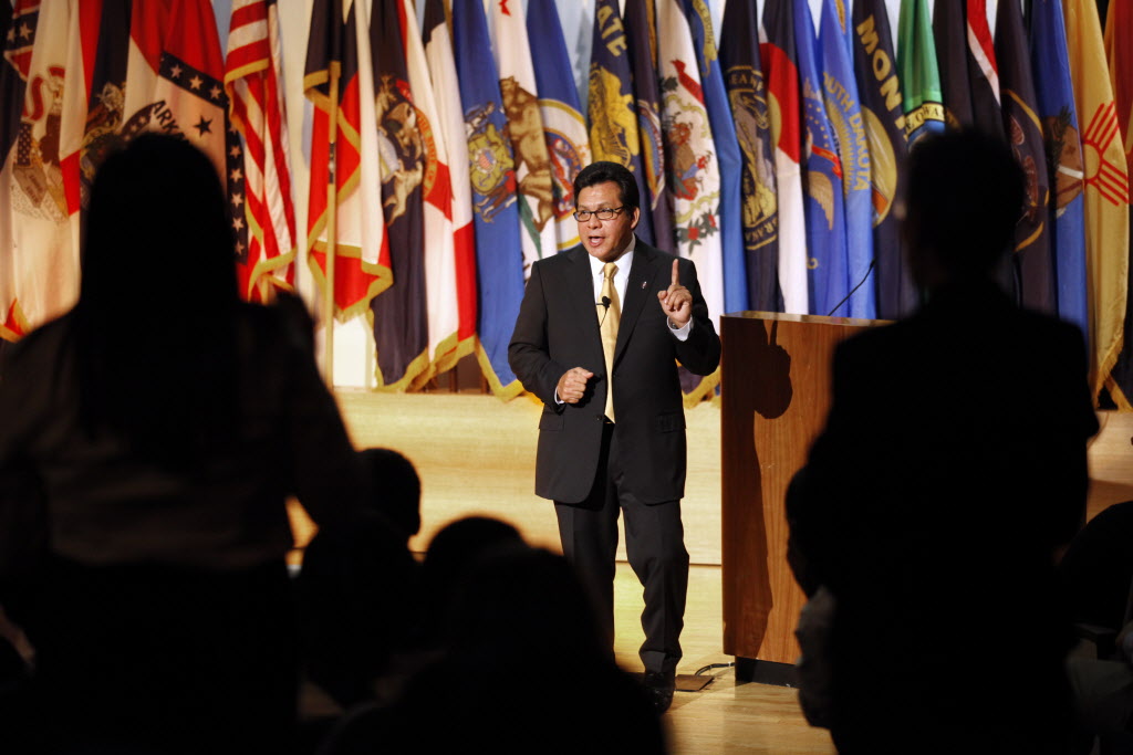 Former U.S. Attorney General Alberto Gonzales speaks to students at the Judge Barefoot Sanders Law Magnet at Townview Magnet Center in Dallas in February 2011