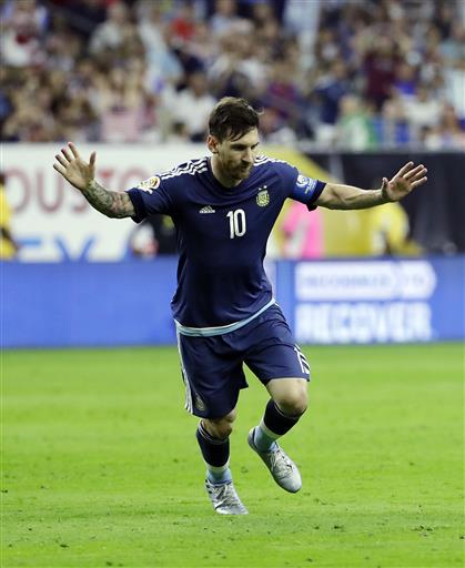 Argentina's Lionel Messi celebrates a goal during a Copa America Centenario semifinal soccer match against the United States Tuesday