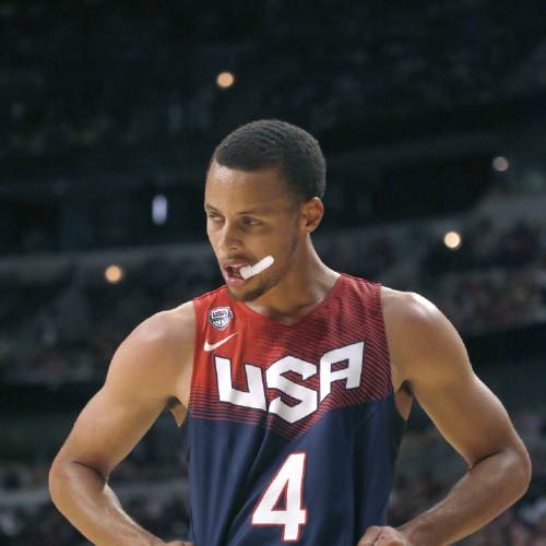 United States&#039 Stephen Curry, of the Golden State Warriors is shown during a break in the action of an exhibition basketball game between the United States and Brazilian national teams in Chicag