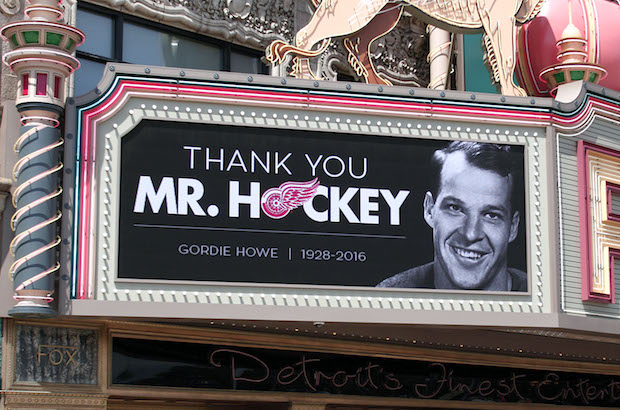 DETROIT MI- JUNE 10 The marquis at the Fox Theater in Detroit Michigan proclaims'THANK YOU MR. HOCKEY to honor hockey legend Gordie Howe's death