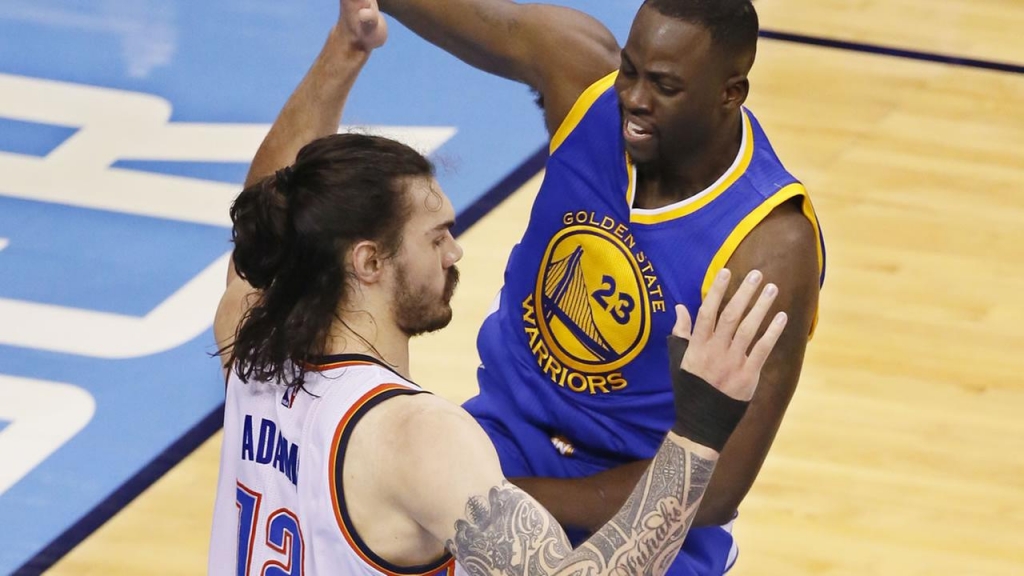 Warriors Draymond Green fouls Thunders Steven Adams in the first half in Game 3 of the NBA basketball Western Conference finals in Oklahoma City