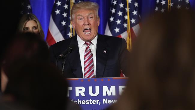 US Republican presidential candidate Donald Trump addresses supporters and the media following primary elections