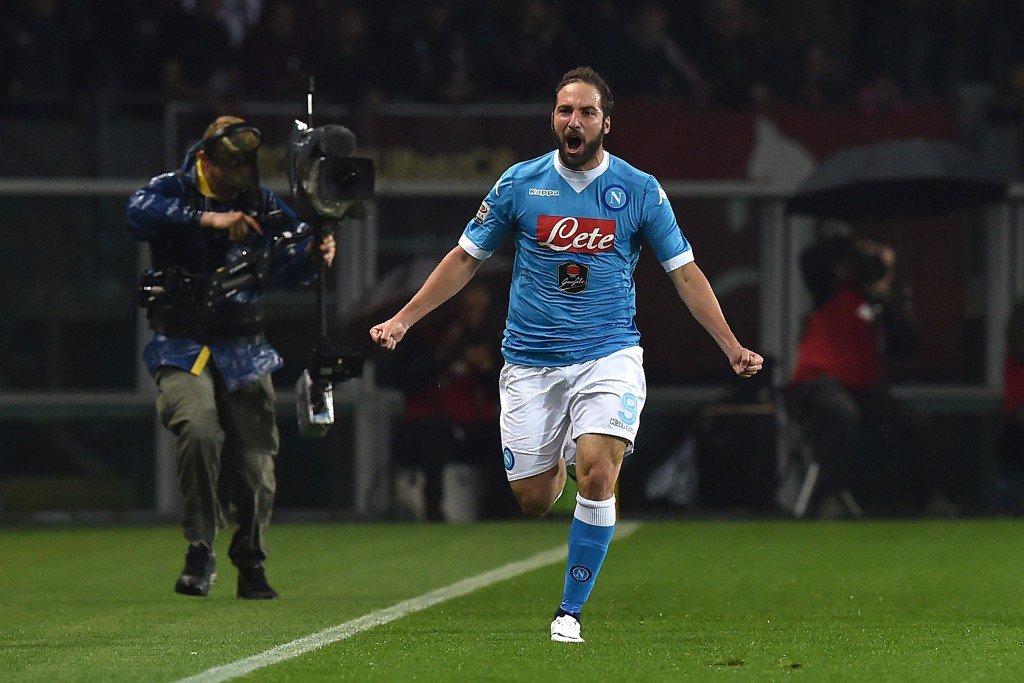 TURIN ITALY- MAY 08 Gonzalo Higuain of SSC Napoli celebrates after scoring the opening goal during the Serie A match between Torino FC and SSC Napoli at Stadio Olimpico di Torino