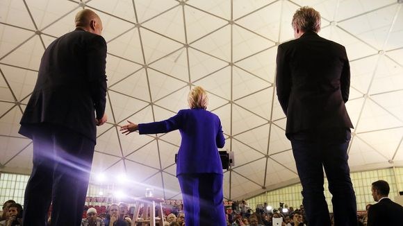 Hillary Clinton speaks at a June 1 Newark rally as singer Jon Bon Jovi and New Jersey Sen. Cory Booker look