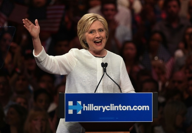 Democratic presidential candidate Hillary Clinton addresses supporters during her primary night event at the Duggal Greenhouse Brooklyn Navy Yard on June 7