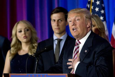 Republican presidential candidate Donald Trump is joined by his daughter Tiffany left and son-in-law Jared Kushner as he speaks during a news conference at the Trump National Golf Club Westchester Tuesday