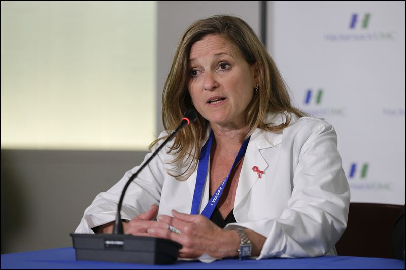 Dr. Julia Piwoz chief of the Pediatric Infectious Diseases at the Joseph M. Sanzari Childrens Hospital speaks during a news conference at the Hackensack University Medical Center