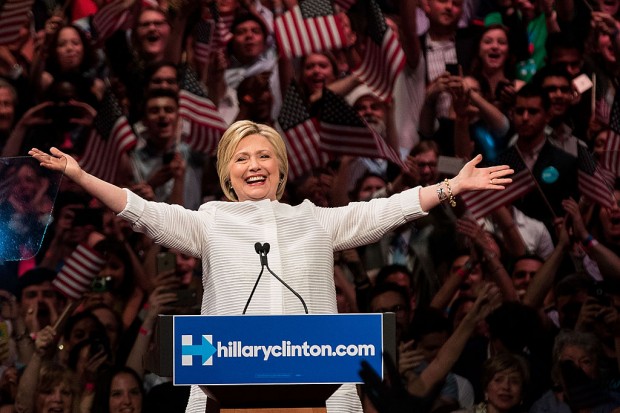 Democratic presidential candidate Hillary Clinton arrives onstage during a primary night rally at the Duggal Greenhouse in the Brooklyn Navy Yard