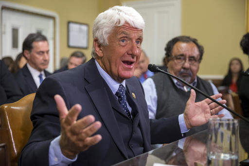 House Natural Resources Committee Chairman Rob Bishop R-Utah left joined at right by Rep. Raul M. Grijalva D-Ariz. go before the House Rules Committee to prepare a bill that would create a financial control board for Puerto Rico and restructure some