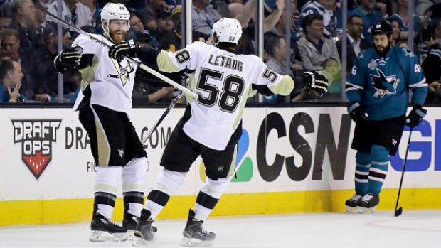 Ian Cole left and Kris Letang celebrate after the Penguins opened the scoring in Game 4 of the Stanley Cup Final