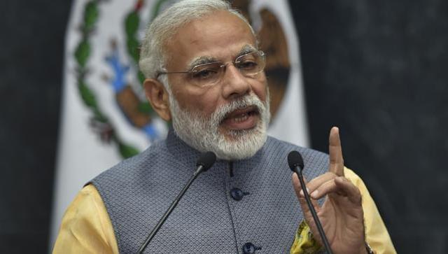 Prime Minister Narendra Modi can be seen delivering a press message at the Los Pinos presidential Palace in Mexico City