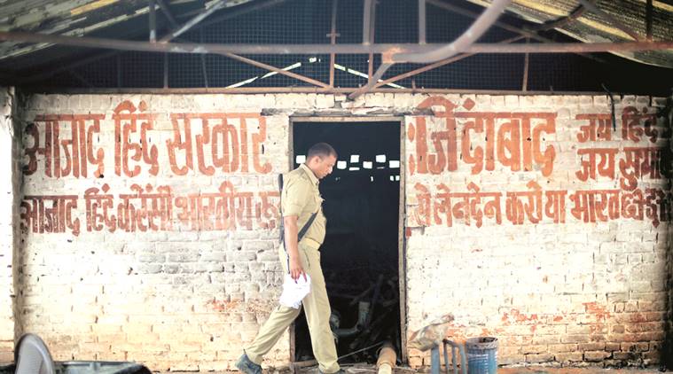 A policeman patrolling inside the Jawahar Bagh Mathura on Sunday. Express