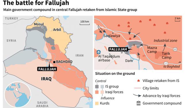 Map of Fallujah showing the advances by government troops and zones of control in and around the city