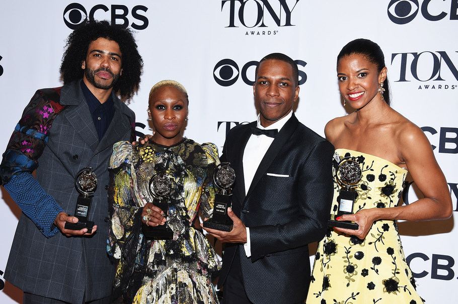 NEW YORK NY- JUNE 12 Daveed Diggs Cynthia Erivo Leslie Odom Jr. and Renee Elise Goldsberry pose in the press room with their awards at the 70th Annual Tony Awards at The Beacon Theatre